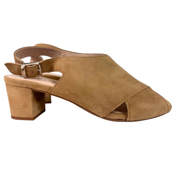 Eric Michael Addison Tan Suede Peep Toe Slingback Block Heel Sandals 8.5 / 39 - Picture 4 of 12